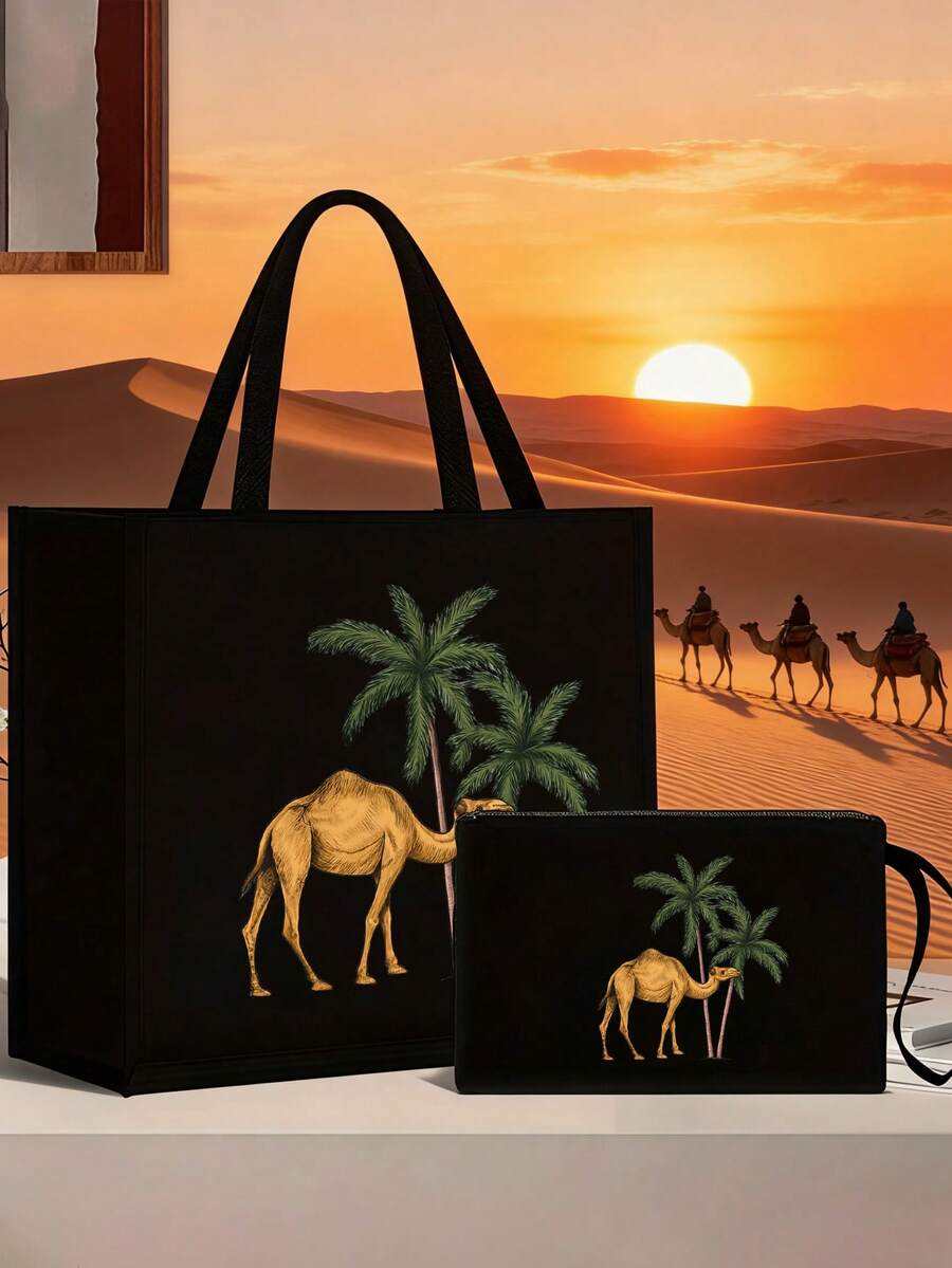 Camels & Coconut Trees Print Tote Bag, Reusable Cosmetic Pouch With Camels Design, Lightweight, Cosmetic & Toiletry Organizer Bag, Zippered Cosmetic Bag, Lightweight Tote Bag, Toiletry Bag, Storage Bag, Travel Accessory, Perfect For Shopping, Back-To-School Gift,Versatile Use,New Year, Valentine'S Day Gift, Ramadan Gift,Back-To-School Gift ,Room Decor - Multicolor - View 1