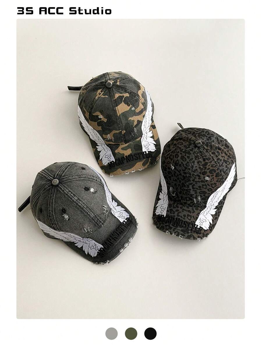 Mũ lưỡi trai vành dài kiểu hip hop rằn ri rách rưới, mũ snapback in họa tiết da báo phong cách vintage Mỹ, mũ cá tính đa năng cho mùa hè, phù hợp với khuôn mặt nhỏ để chống nắng.