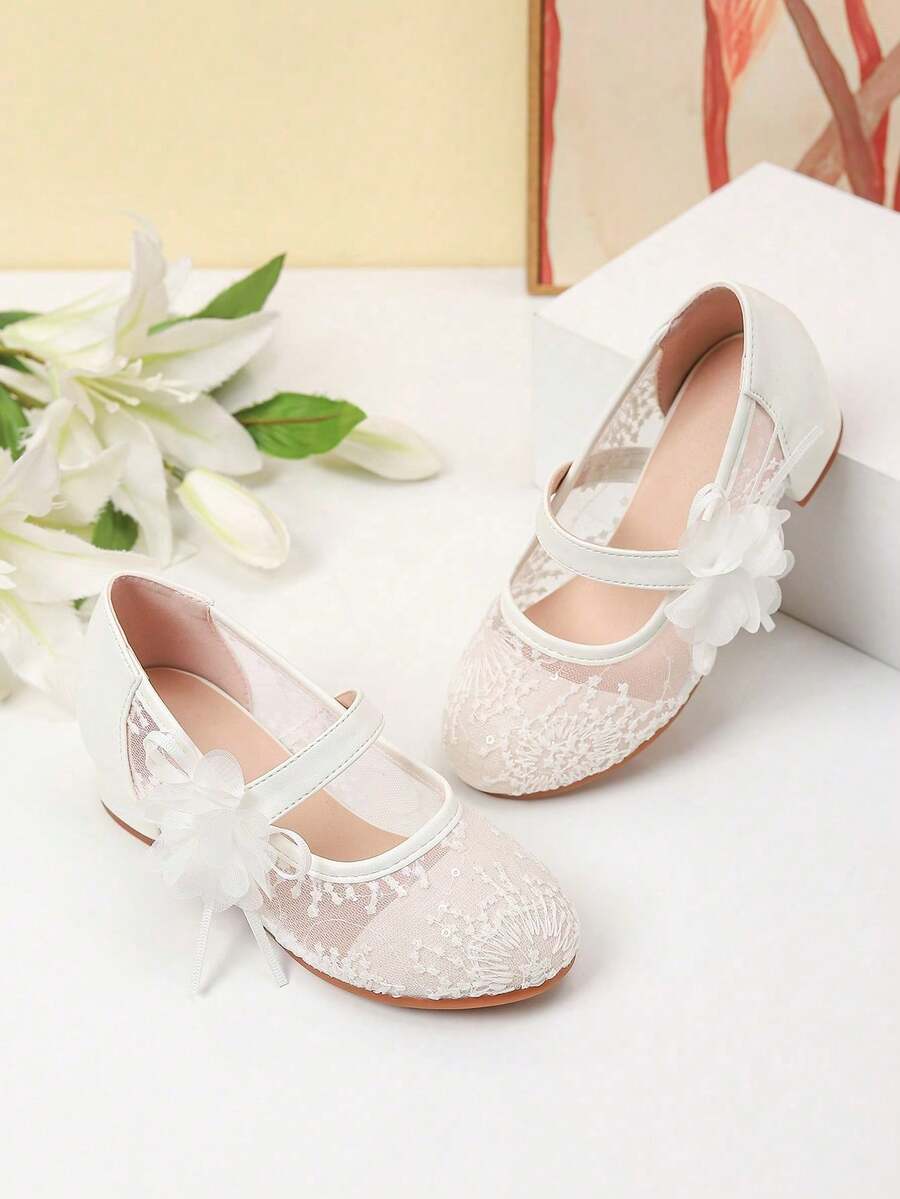 1 Pair Girls' Fashion Mesh High Heel Shoes, Suitable For Party, Wedding, Dance, Performance, Student Outdoor Wear, Autumn/Winter - White - View 1