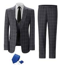 Mens Suit 4 Piece Suit Plaid Double Breasted Formal Business Wedding Prom Suit Male Groom, Blazer+Vest+Pant - Grey with Tie - 查看 2