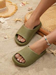 New Comfortable Soft-Sole Slippers, Non-Slip Cushioned Slides, Faux Leather EVA Sandals - Olive Green - View 4
