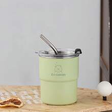 2pcs Fashionable Coffee Cup, Includes Cup And Straw, Double-Layer Vacuum Design, Stainless Steel Coffee Cup, Efficient Insulation, Outer Plastic Layer Prevents Heat And Keeps Hands , Inner 304 Stainless Steel. - Matcha Green - View 2