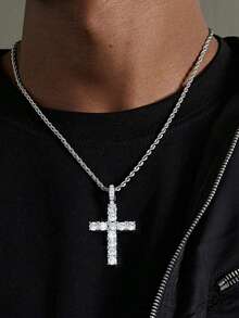 1pc Hip-Hop Cross Necklace, Inlaid With Rhinestones, Made Of Stainless Steel, Suitable For Both Men And Women, Simple And Stylish, With A High-End Feel. - Multicolor - View 6