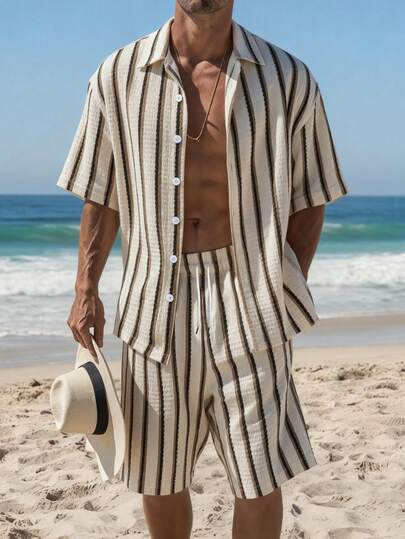 GOLDREDY Men's Summer New Elegant Knitted Random Striped Textured Polo Collar Short Sleeve Shirt With Matching Drawstring Shorts 2-Piece Set, Suitable For Outing, Vacation, And Commuting