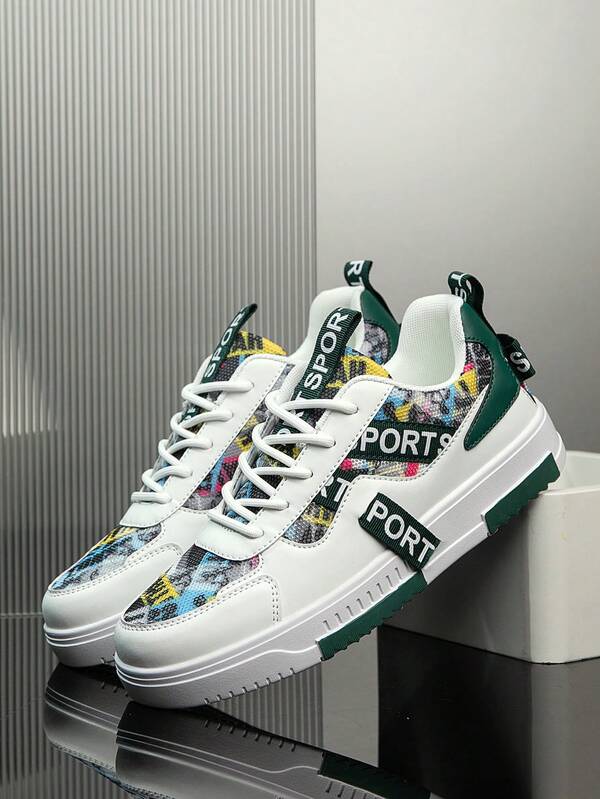 Men's New Fashion Random Letter Print Contrast Color PU Patchwork Front Lace-Up Skate Shoes, Niche Versatile Casual Daily Commute Comfortable Flat Sports Sneakers