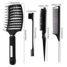 Comb And Brush Set; Pointed Tail Comb Double-Ended Eyebrow Brush; Makeup Brush; Hair Volumizing Large Bent Comb Ribbed Curling Comb Large Back Volumizing High Forehead Smoothing - Multicolor - View 3
