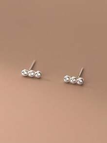 1 Pair S925 Sterling Silver Minimalist Three-Diamond Stud Earrings, Women's Tiny Sparkling Fresh Sweet Elegant Earrings, Exquisite Holiday Gift - Round - View 4