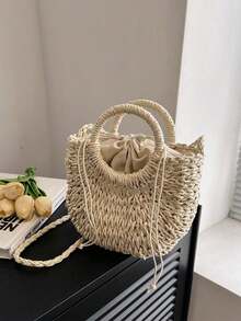 BAILEE 1 件装时尚波西米亚度假风纯色编织草编包，饰有丝带，圆形手柄，女士手提沙滩包，适合休闲旅行度假，简约百搭，户外休闲购物 - 白色 - 查看 3