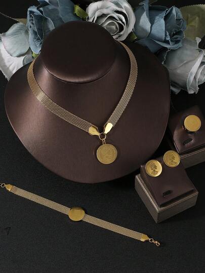 一套不锈钢圆形吊坠项链、耳环、戒指、手链，女士首饰套装，适合派对、节日礼物