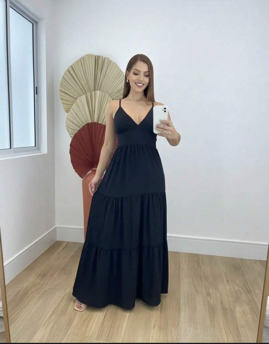 Women's Duna Ruffled Maxi Dress With Built-In Bra - Elegance, Lightness And Perfect Drape. - Negro - Ver 1