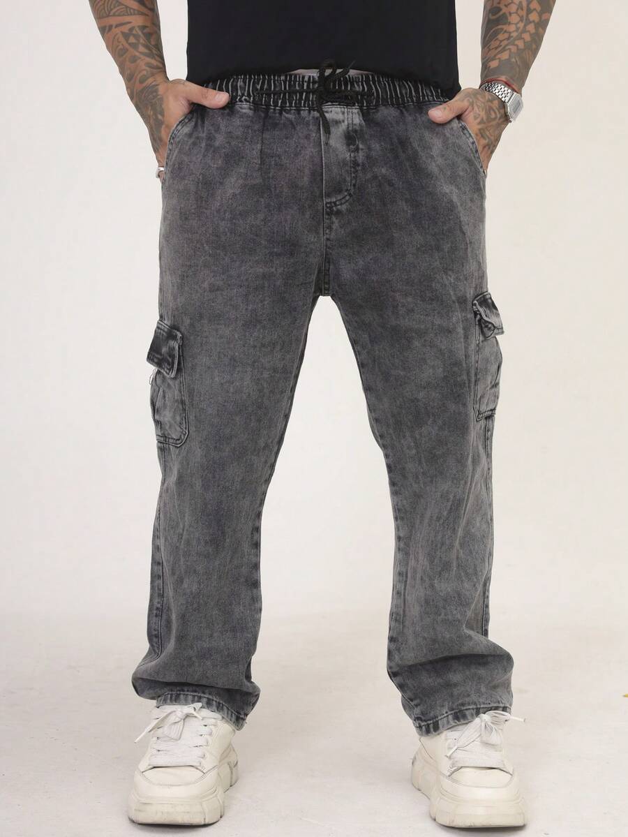 Calça Cargo Masculina Jeans, Modelagem Oversized Confortável Casual com 6 bolsos Estilo Skate