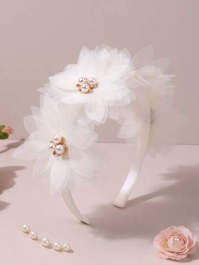 1pc Beige Mesh Headband For Girls Flower Shaped Hairband Glossy Faux Pearl Hair Hoop Elegant Headwear Wedding Daily Party Headdress Teens Hair Accessories