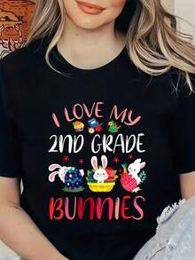 Feliz Día de Pascua, Maestra, ¡Me Encantan Mis Conejitos de Segundo Grado! Camiseta de Estudiante, Camisetas Gráficas para Mujer - Negro - Ver 1
