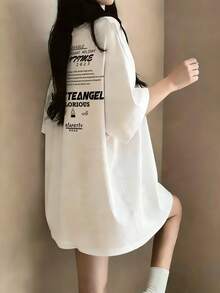 女士宽松圆领短袖字母卡通印花T恤，春夏款 - 白色 - 查看 2