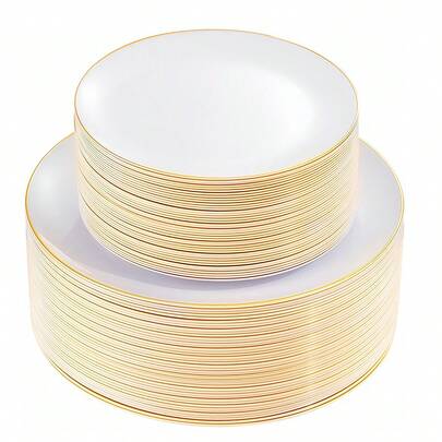 50/25/12pcs Gold Elegant Plates, White With Gold Rim Plastic Plates, Pasta Plates, Dessert Plates, Party Plates, Appetizer Plates, Cake Plates, Easy To Clean Reusable Dinnerware, Suitable For Party, Wedding, Luncheon, Family Gathering, Engagement Party, BBQ, Dinner, Reunion, Birthday, Holiday, Retirement Celebration, Picnic, Buffet, Dining, Valentine's Day Dinner, Etc. (Multiple Size Combinations Available To Accommodate Any Number Of Diners)