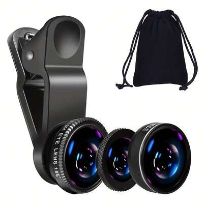 1pc 3-In-1 Fish Eye Wide Angle Macro Camera Lens Compatible With Apple/Redmi Smartphones, 3-In-1 Zoom Fish Eye Lens With Phone Clip