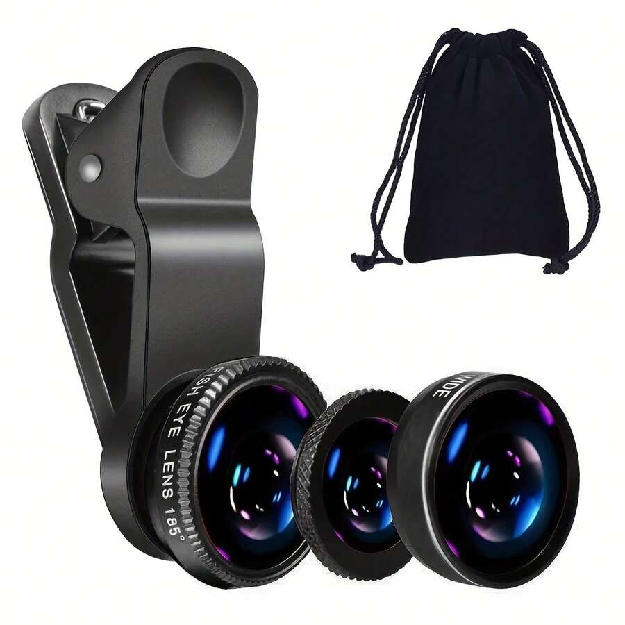 1 pieza Lente de cámara 3 en 1 de ojo de pez, gran angular y macro compatible con teléfonos Apple/Redmi, lente de ojo de pez 3 en 1 con clip para teléfono