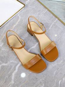 Wide Strap Buckle Chunky Heel Sandals, French Style Mid-Heel Sandals For Plus Size Women, Open Toe Ankle Strap Classic High Heel Fashionable Sandals - Khaki - View 7