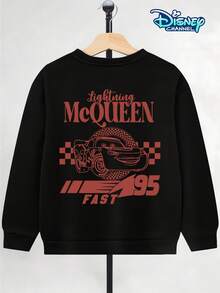 Boys' Crew Neck Pullover Sweatshirt, Suitable For Spring, Autumn, And Winter, For Children Aged 5-12. Black, Loose And Comfortable Fit. Features A Small Red "95 Lightning McQueen" Print On The Left Chest And "Lightning McQueen" Lettering And Lightning McQueen Racing Car Lines On The Back, Decorated With A Checkered Flag And "95 FAST" Lettering. Disney Cars Themed Design. Skin-Friendly And Breathable Fabric. Can Be Paired With Jeans, Sweatpants, Or Casual Shorts For Various Styles. Eye-Catching Racing Theme Design, A Must-Have For Back-To-School Season. Machine Washable And Durable. Suitable For All Body Types. Versatile And Practical Children's Top. Popular American Children's IP Themed Top. Boys' Everyday Casual Top. Disney Element Children's Fun Printed Pullover Sweatshirt. Comfortable And Skin-Friendly Top For Teenagers. Unique Patterned Boys' Sweatshirt. - 黑色 - 查看 5