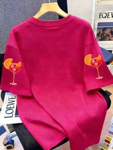 夏季女士休闲圆领短袖T恤，返校季 - 玫紅色 - 查看 2