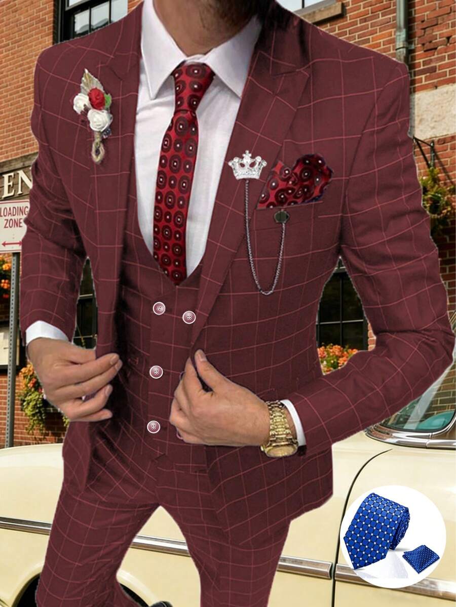 Mens Suit 4 Piece Suit Plaid Double Breasted Formal Business Wedding Prom Suit Male Groom, Blazer+Vest+Pant - Màu đỏ tía với cà vạt - Xem 1