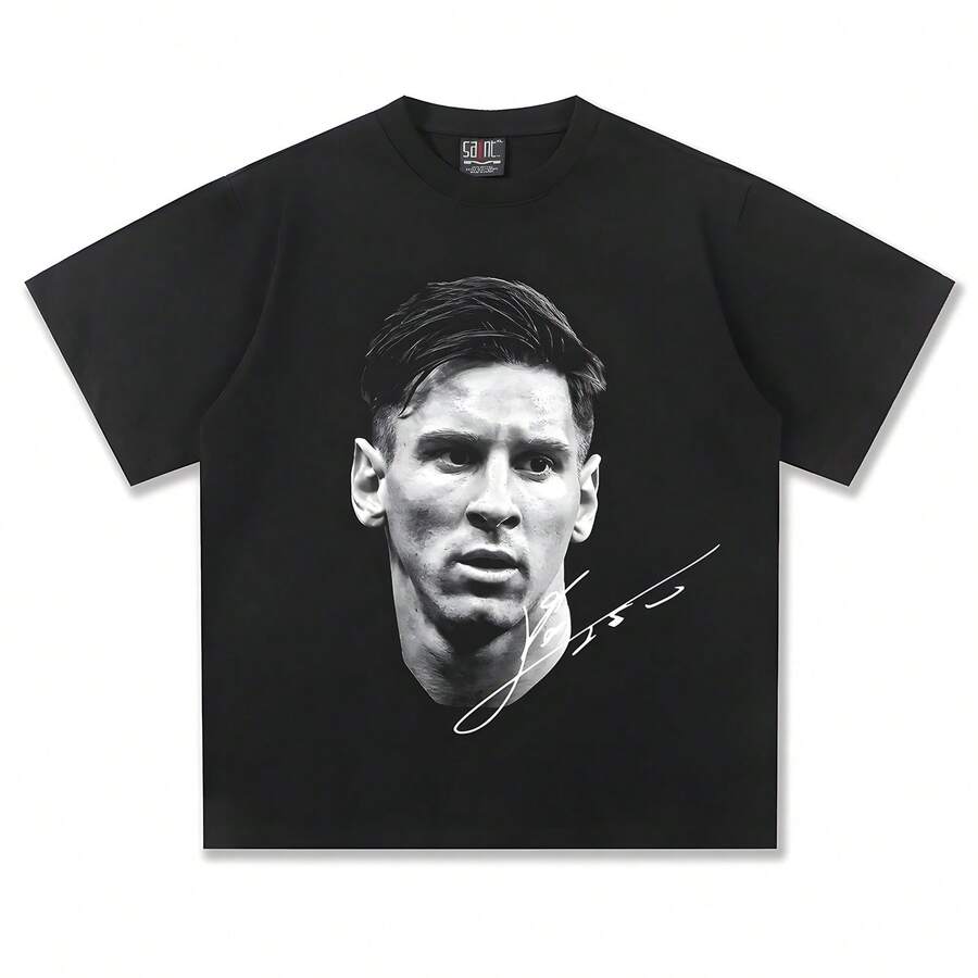 2026 Short Sleeve Messis Messis American Football Head Vintage Print Fashion Loose Wash Heavy Cotton Short Sleeve T-Shirt - màu đen - Xem 1