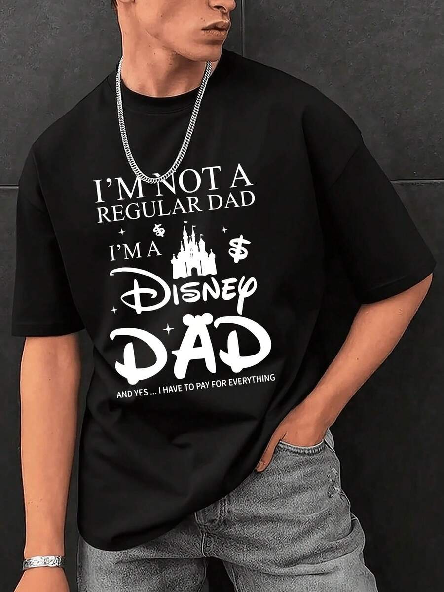 Men's Disney Casual T-Shirt, "I'm A Disney Dad" Print, Humorous Dad Life Design, Comfortable Soft Fabric, Ideal For Fathers & Theme Park Visits - 黑色 - 查看 1