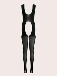 黑色渔网连体袜、连裤袜、紧身裤、连体衣、性感内衣、紧身连体裤、无裆内裤、吊袜带和长筒袜、性感女士套装、日常性感服装 - 黑色 - 查看 6