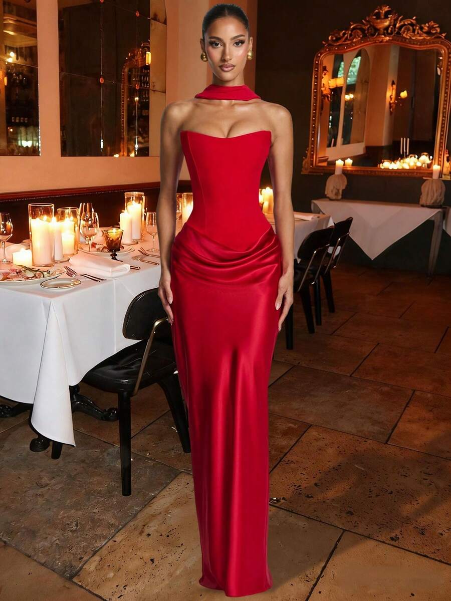 情人节 Maggie 女士性感无肩带修身长裙，夏季垂褶长款连衣裙，红色系带露背优雅生日晚宴鸡尾酒会礼服