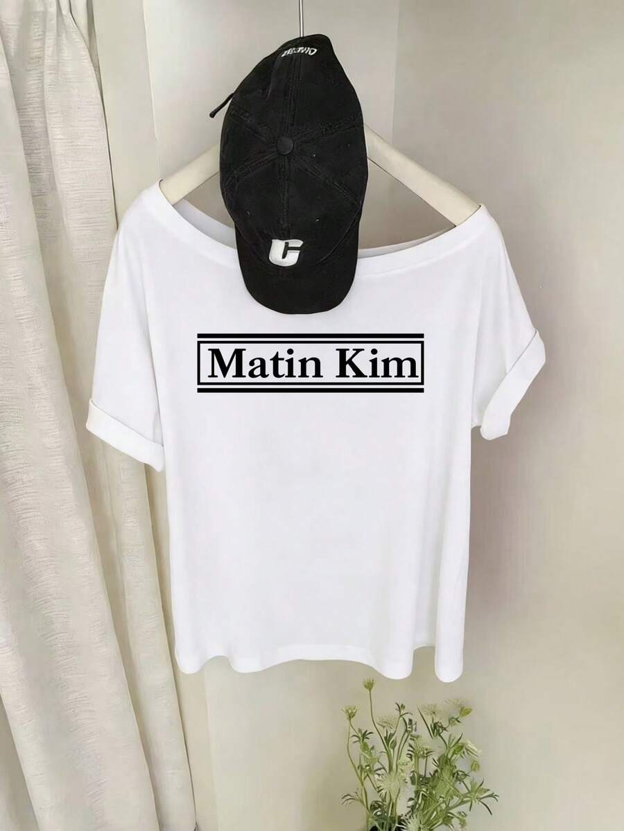 Y2K Print Off-The-Shoulder Short Sleeve T-Shirt, Women's, Summer Wear, 2026 New Fashionable Innerwear/Outerwear, Loose Fit, Slimming, Off-The-Shoulder, Sexy, Versatile Top - White - View 1