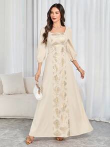 Women's Elegant Gold Foil Trim Dress - With Drawstring Waist And Puff Sleeves, Minimalist And Fashionable, Ideal For Middle Eastern New Year Celebrations And Everyday Wear - Apricot - View 6