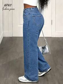 女士深蓝色水洗直筒休闲牛仔裤，修身简约增高牛仔裤 | 春季时尚服饰 - 深色水洗藍 - 查看 9