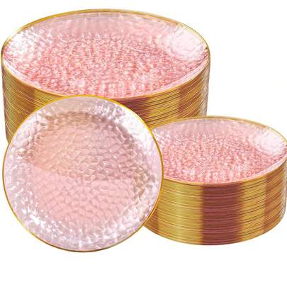 50/25/10pcs Set Pink Rimmed Plates - Elegant And Luxurious Plates With Transparent Pink And Gold Rims, Hammered Design, Suitable For Serving Desserts, Dishes, Steaks, Pasta, Cakes, Snacks, Fruits, Etc. - Ideal For Parties And Weddings: Birthday Parties, Weddings, Valentine's Day, New Year, Mother's Day Or Any Other Special Occasions