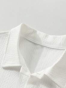 男士夏季休闲短袖衬衫套装（2件套），包括一件翻领纽扣衬衫和一条抽绳腰长裤，时尚纹理面料套装 - 白色 - 查看 3