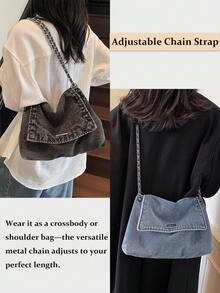 New Fashion Casual Solid Color Denim Effect Metal Chain Strap Flap Cover Women Shoulder Bag,Vintage Washed Jean Flap Over Shoulder Bag For Women, Adjustable Chain Strap Crossbody Purse With Magnetic Snap Closure, Large Capacity Casual Bag Fits Phone, Umbrella, Water Bottle For All Seasons, Travel, Commute & Date Nights In Black, Dark Blue & Light Blue[US Local Warehouse]The Best Gift Choice, Birthday Gift, Christmas Gift - 彩色 - 查看 4