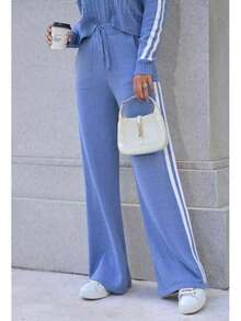 Women's Elegant Knit Set: Lined Wide-Leg Pants, Braided Striped Blouse, Aerolook Fashion Brand, Autumn/Winter, Cold Weather, Comfortable, Sporty, Casual, Knit, Knot, Vacation, Beach, Winter - 紅木色 - 查看 3