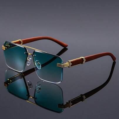 1 pieza Gafas de moda retro doradas, lentes con borde elegante, patrón de madera clásico, gafas cuadradas decorativas unisex para sesiones de fotos y fiestas