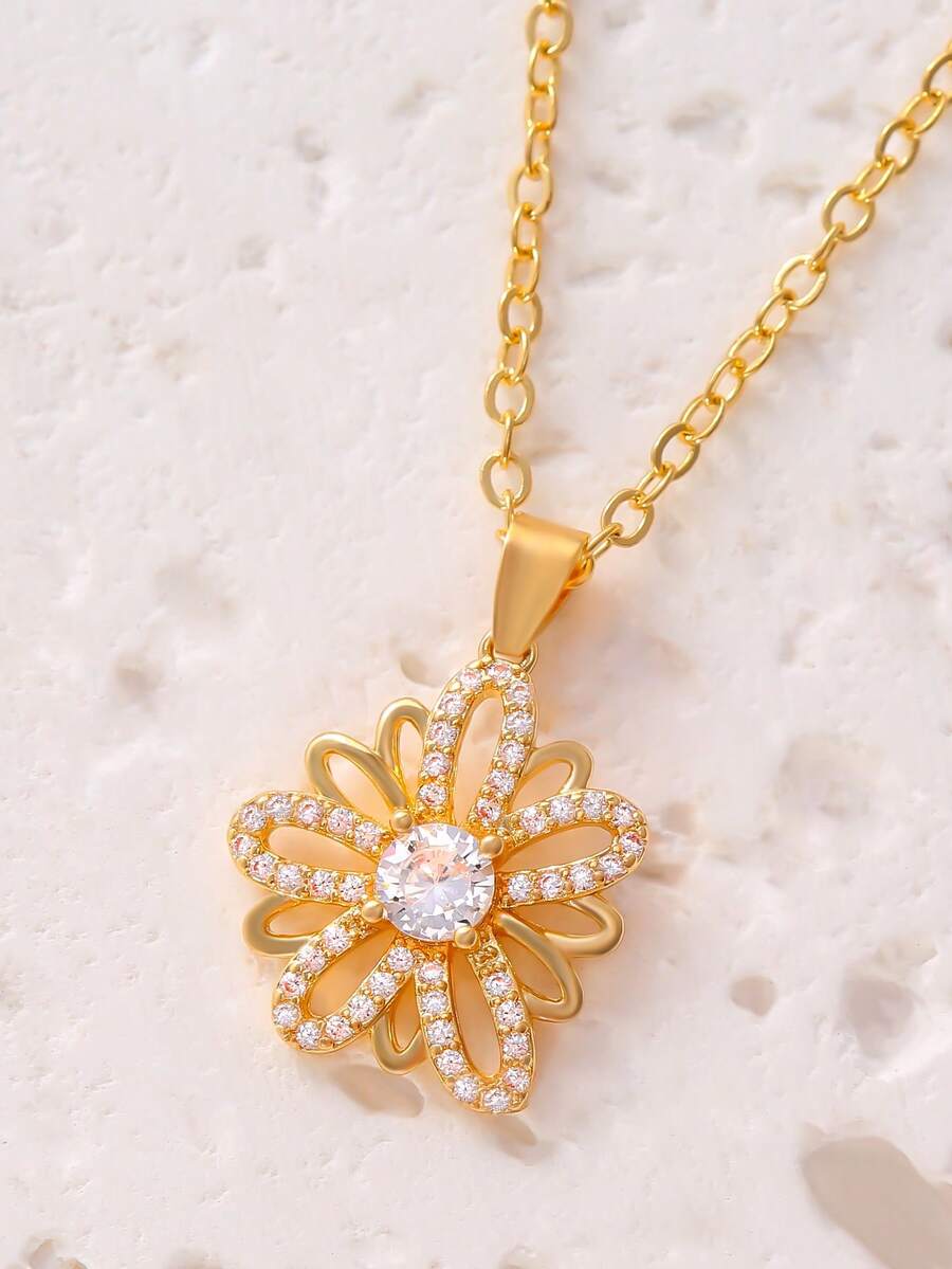 1pc Delicate Fully Rhinestoned Flower Necklace, Luxury Hollow Sparkling Clavicle Chain, Unique Design Gentle Style Pendant - Gold - View 1