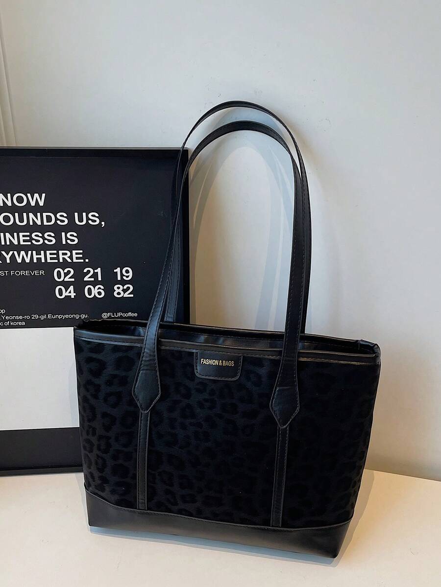 2026 New Retro Chic Leopard Print Tote Bag, High-Quality Women's Handbag, Versatile Large Capacity Underarm Bag - Black - View 1
