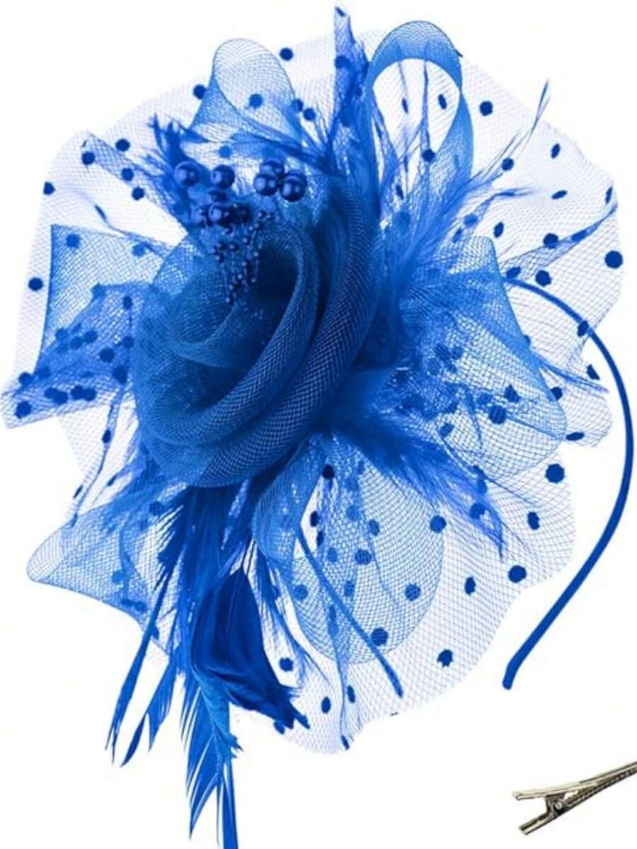 1 Peça Chapéu Fascinator Vintage Estilo Anos 20, 30 e 50 para Mulheres, Peça de Cabeça Encantadora com Laço, Flor e Véu, Adequado para Casamento, Chá da Tarde - Azul Royal - Visão 1