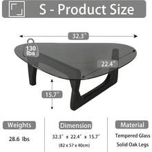Mesa de centro de cristal para sala de estar, mesa de centro moderna de mediados de siglo, mesa de centro ovalada con base de madera maciza y cristal templado, mesa de centro pequeña para espacios reducidos, mesa de centro de cristal triangular única, mesas de cóctel abstractas - Negro/Gris - Ver 2