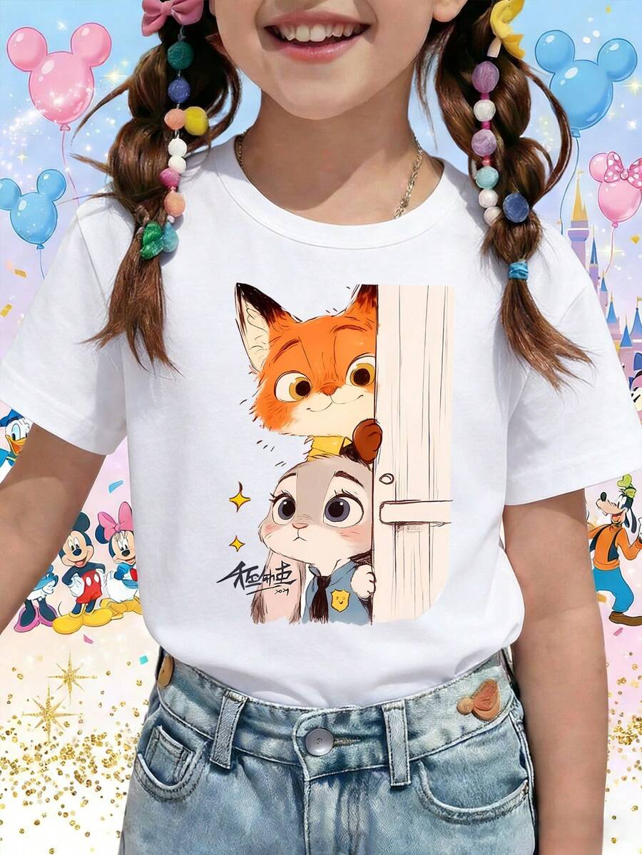 Disney Zootopia Judy Hopps And Nick Wilde Peeking Cute Anime Style Printed Pattern T-Shirts For Girls - Children's Clothing Design Short-Sleeved Casual And Cute Style Comfortable And Casual Wear All Year Round Suitable For Parties And Play Machine Washable Gift Children's Clothing Girls' Short-Sleeved Shirts - White - View 1
