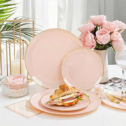 Bộ đồ ăn viền vàng hồng, khay đựng thức ăn, đĩa salad trái cây, đĩa ăn tối, bát đĩa, bộ đồ ăn salad có thể rửa được, tái sử dụng, dễ lau chùi. Thích hợp cho trang trí đám cưới, trang trí Giáng sinh, tiệc sinh nhật, họp mặt gia đình, hoạt động nhóm ngoài trời, trường học, nhà hàng và tiệc nhà bếp, quà tặng theo mùa cho gia đình và trường học.