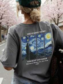 Women's Summer Personalized Letter Printed Pattern Round Neck-Shirt Fashionable And Versatile Women's Half Sleeve Small Shirt With Van Gogh Starry Print. Graphic Tees Women Pink Top White Top Black Top - 深灰色 - 查看 9