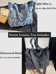 Large Capacity Casual Tote Bag, With Letter Patchwork, Embroidery Thread, Tassel, Multiple Carrying Options, Perfect For Women For Daily Commuting Or Holding Books School Bag, Back To School Backpack, Portable, Lightweight, Large Capacity, Classic Casual, Suitable For Teen Girls Y2k Bag, 2000s Fashion Style, Gothic Punk Bag For Women - 彩色 - 查看 5