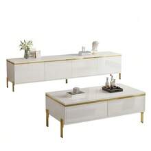 Moderno conjunto de mueble de TV y mesa de centro de lujo, superficie de color sólido de alto brillo, bordes dorados, generoso espacio de almacenamiento. - Blanco - Ver 1