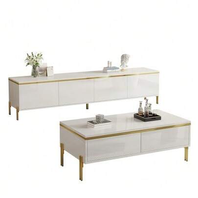 Modern Luxury TV Cabinet And Coffee Table Set, High-Gloss Solid Color Surface, Gold Edges, Generous Storage Space