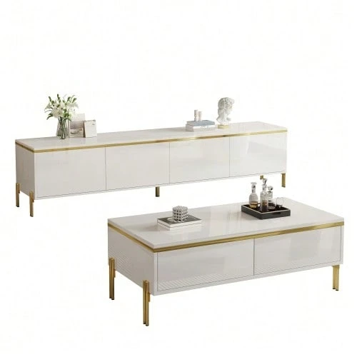 Moderno conjunto de mueble de TV y mesa de centro de lujo, superficie de color sólido de alto brillo, bordes dorados, generoso espacio de almacenamiento. - Blanco - Ver 1