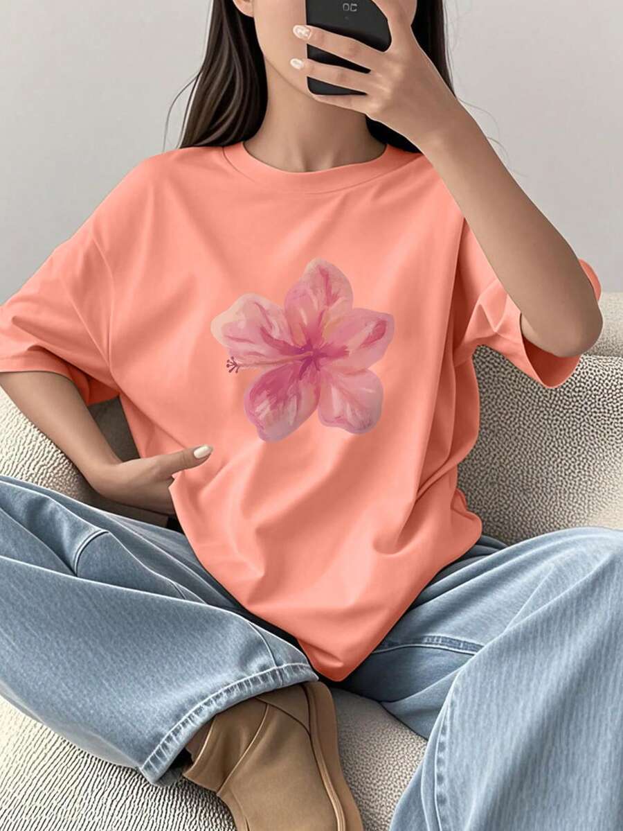Camiseta de manga corta con cuello redondo y estampado naranja informal para niñas, top de verano para adolescentes/estudiantes - Naranja - Ver 1