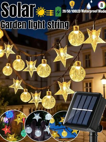 20/50/100 LED Solar Star And Crystal Ball Lights -8 Lighting Modes, IP65 Waterproof Fairy Tale Light String, Outdoor Garden Courtyard Lights - Create A Dreamy Lighting Atmosphere, Suitable For Festivals, Parties, Parties, Weddings, Birthdays, Camping, Balconies, Fences, Gardens, Holiday Decoration Light String